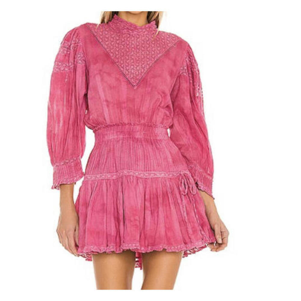 LOVESHACKFANCY Viola hot pink long sleeve high neck mini dress sz XS